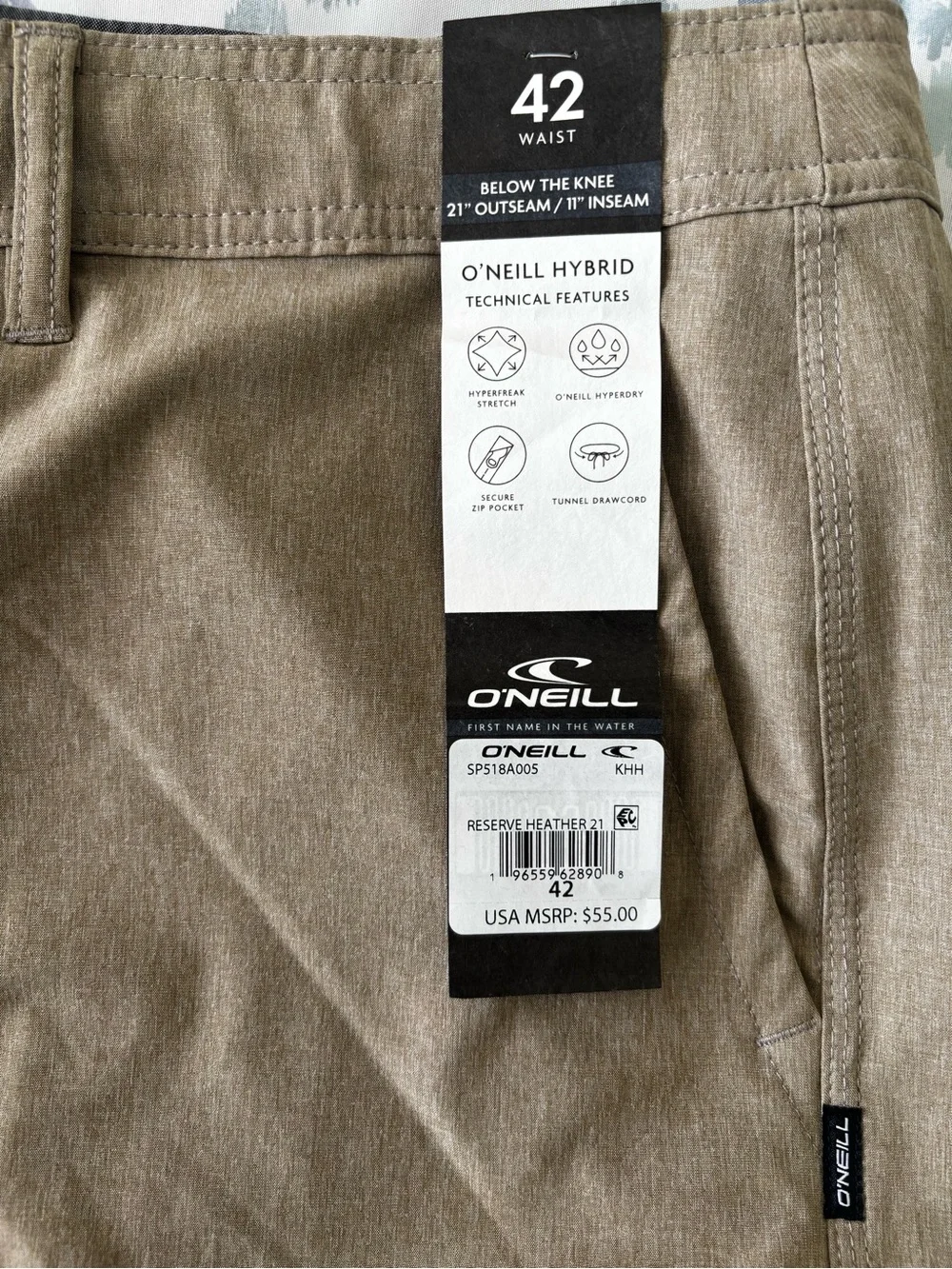 O'Neill Reserve Heather Hybrid Short Khaki 42 Waist 11” Inseam NWT